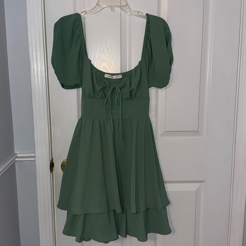 Altar'd State Dusty Sage Green Puff-Sleeve Tie-Front Mini Dress